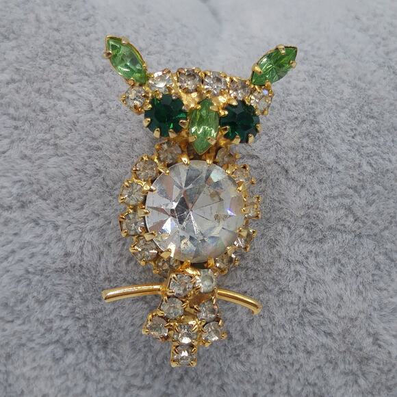 Vintage Green Rhinestone Owl Brooch, Uranium Glass Ears Nose, Gold Plated - Picture 9 of 10
